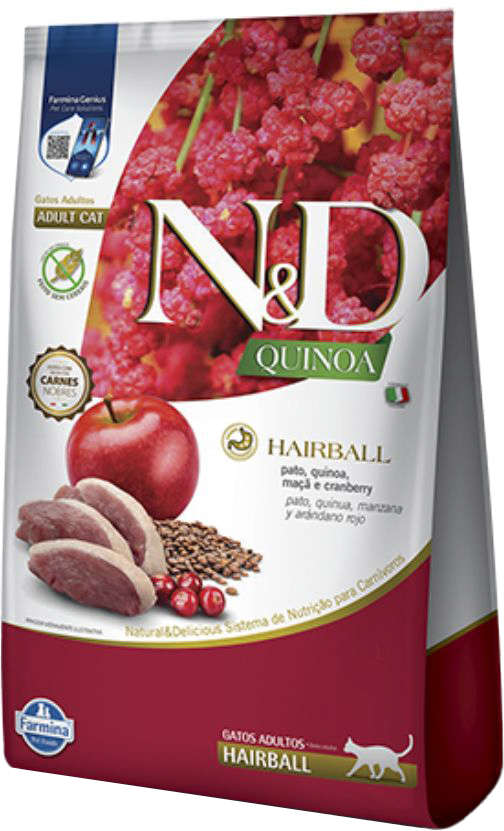 N&D Quinoa Hairball para Gatos Adultos Sabor Pato, Quinoa, Maçã e Cranbery Bolas de Pelo 1,5kg