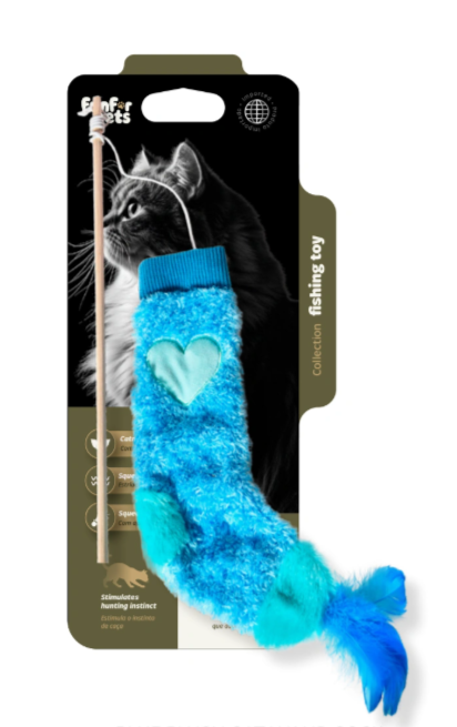 BLUE PLUSH CAT WAND SOCK AND FEATHER