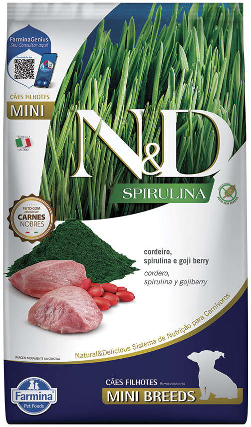 Ração Farmina N&D Spirulina para Cães Filhotes Porte Pequeno Sabor Cordeiro, Spirulina e Goji Berry Puppy Mini