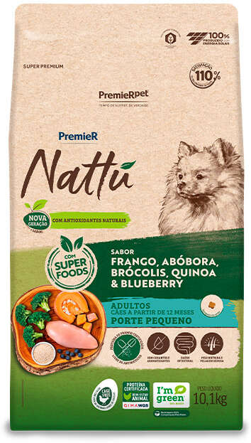 PremieR Nattu para Cães Adultos Porte Pequeno Sabor Frango, Abóbora, Brócolis, Quinoa e Blueberry 10,1kg