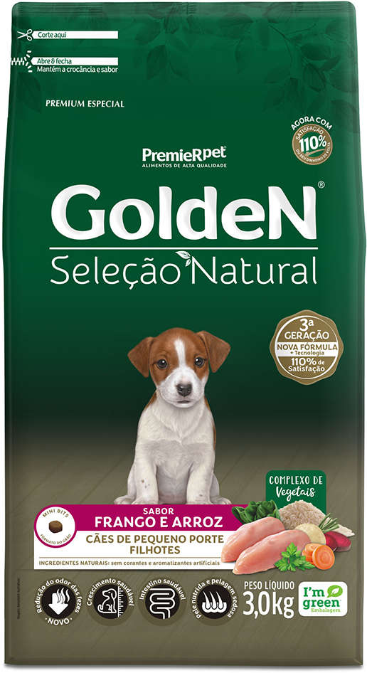 GoldeN Seleção Natural para Cães Filhotes Porte Pequeno Sabor Frango e Arroz 3kg