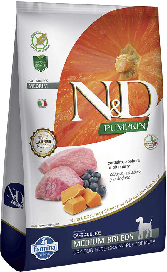 N&D Pumpkin para Cães Adultos Porte Medio Sabor Cordeiro, abóbora e blueberry Adult Medium 10,1kg