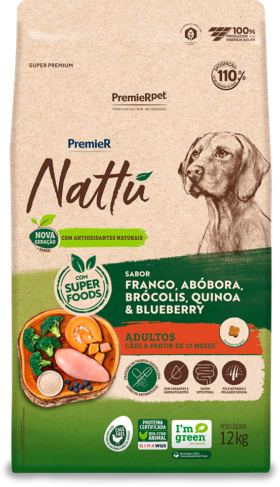 PremieR Nattu para Cães Adultos Sabor Frango, Abóbora, Brócolis, Quinoa e Blueberry 12kg