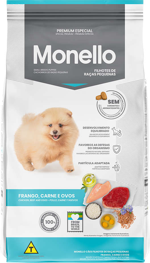 Ração Seca Monello Frango, Carne e Ovos para Cães Filhotes Raças Pequenas