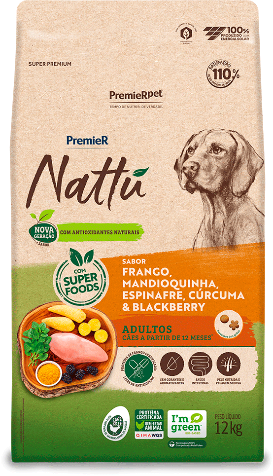 PremieR Nattu para Cães Adultos Sabor Frango, Mandioquinha, Espinafre, Cúrcuma e Blackberry 12kg