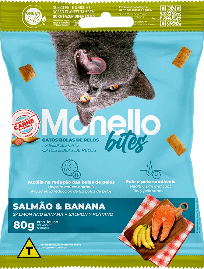 Petisco Mon Bites Monello Bolas de Pelo para Gatos Adultos sabor Salmão e Banana
