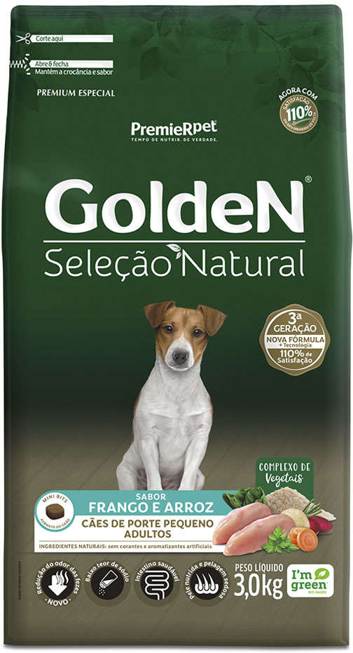 GoldeN Seleção Natural para Cães Adultos Porte Pequeno Sabor Frango e Arroz 3kg