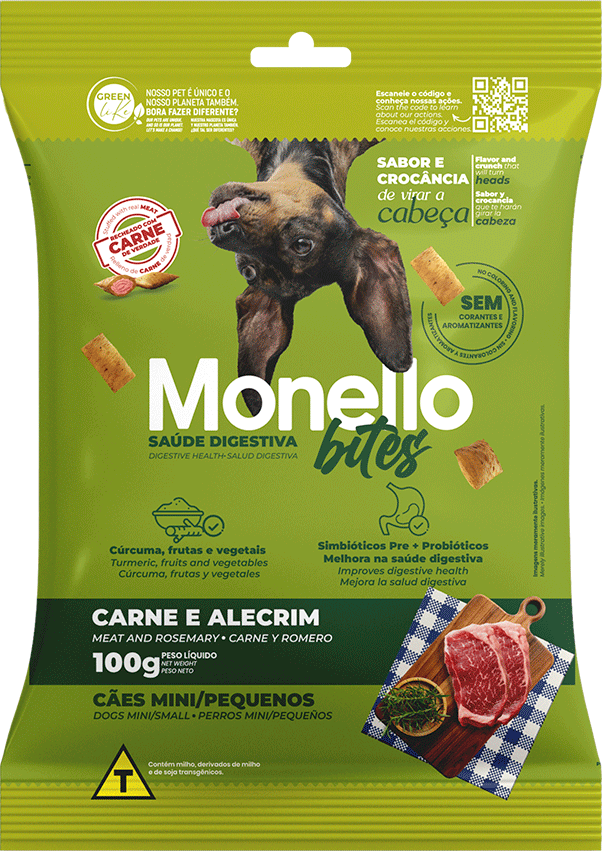 Petisco Mon Bites Monello Saúde Digestiva para Cães Adultos Raças Mini e Pequena sabor Carne e Alecrim