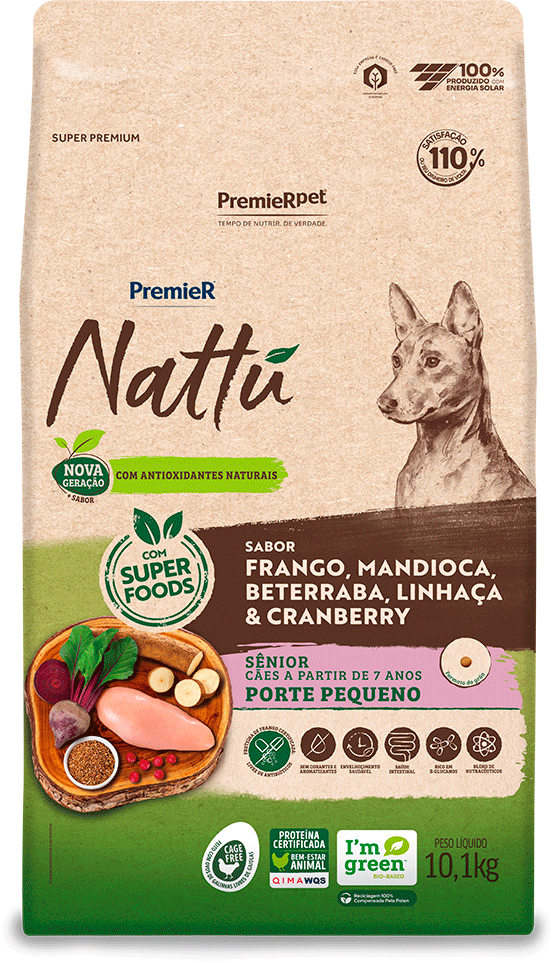 PremieR Nattu para Cães Sênior Porte Pequeno Sabor Frango, Mandioca, Beterraba, Linhaça e Cranberry 10,1kg