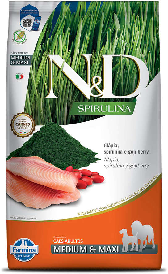 N&D Spirulina para Cães Adultos Porte Médio e Grande Sabor Tilápia, Spirulina e Goji Berry Adult Medium & Maxi 10,1kg