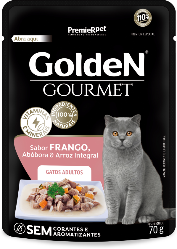 GoldeN Gourmet para Gatos Adultos Sabor Frango, Abóbora e Arroz Integral 70g
