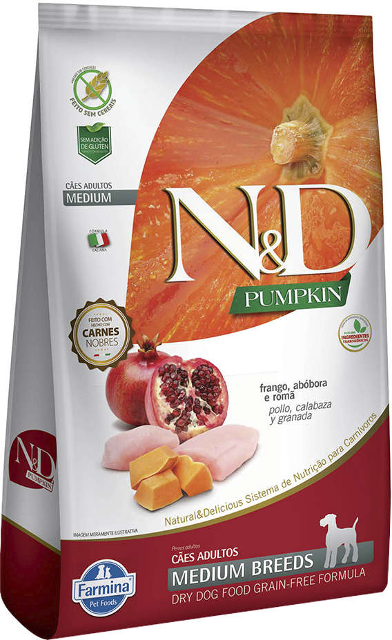 N&D Pumpkin para Cães Adultos Porte Medio Sabor Frango, abóbora e romã Adult Medium 10,1kg