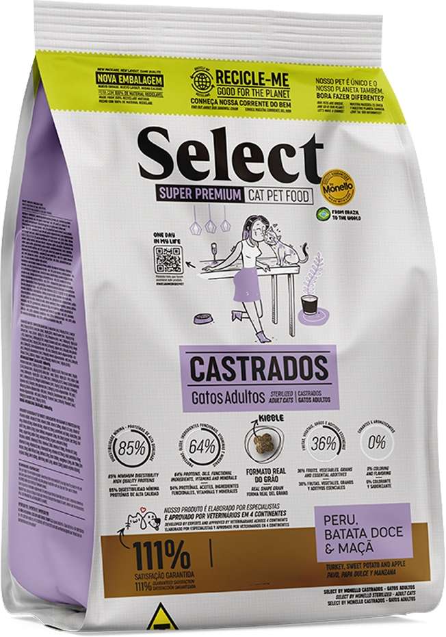 Ração Seca Select by Monello Peru, Batata Doce e Maçã para Gatos Castrados