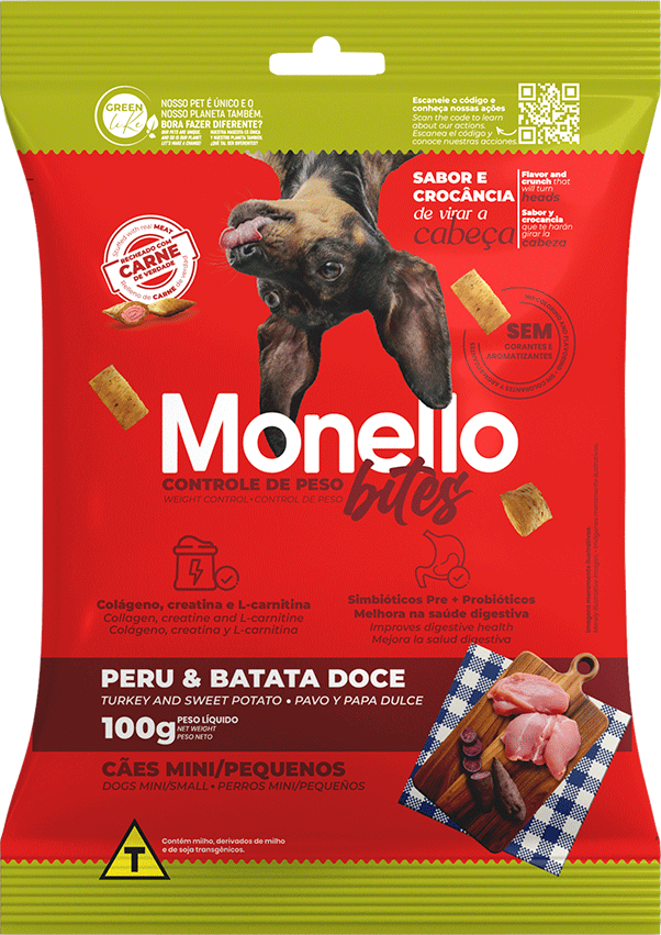 Petisco Mon Bites Monello Controle de Peso para Cães Adultos Raças Mini e Pequena sabor Peru e Batata Doce