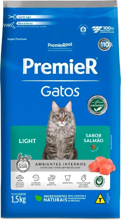 PremieR Ambientes Internos Light para Gatos Adultos Sabor Salmão 1,5