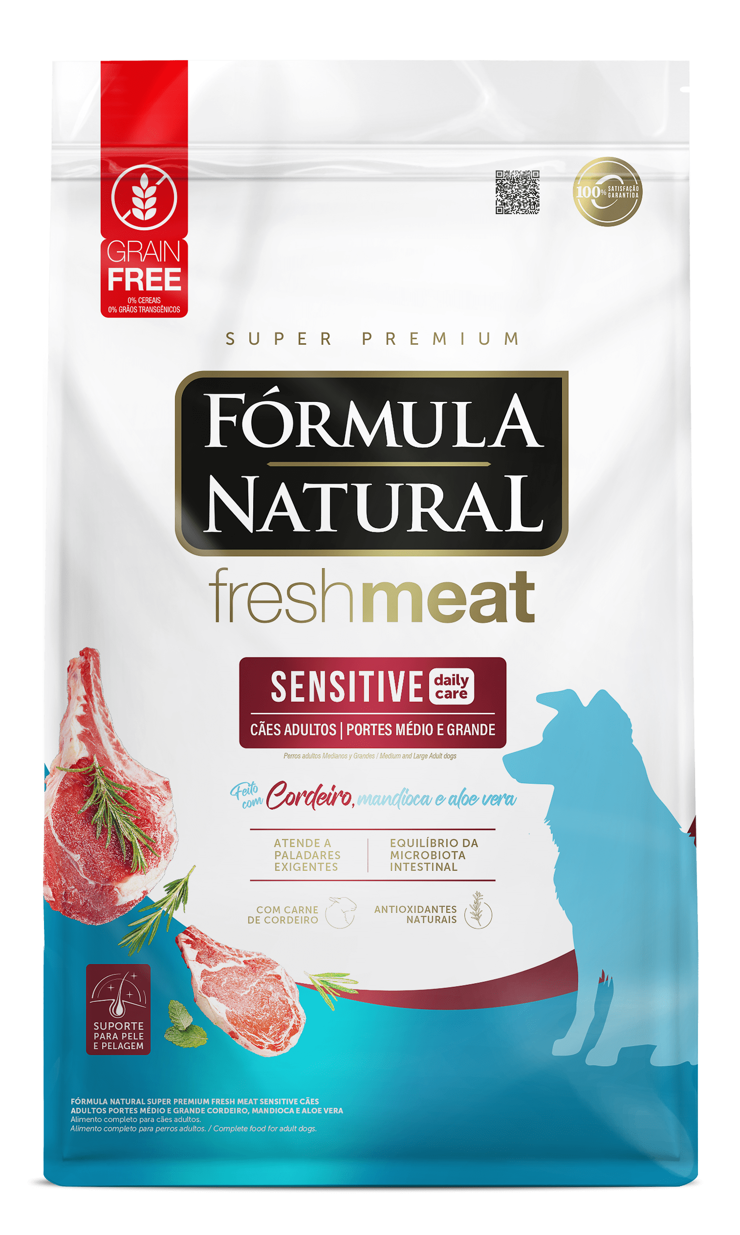 Fórmula Natural Fresh Meat Sensitive para Cães Adultos Portes Médio e Grande Sabor Cordeiro, Mandioca e Aloe Vera 12kg