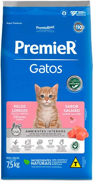PremieR Ambientes Internos para Gatos Pelos Longos Filhotes Sabor Salmão 7,5kg