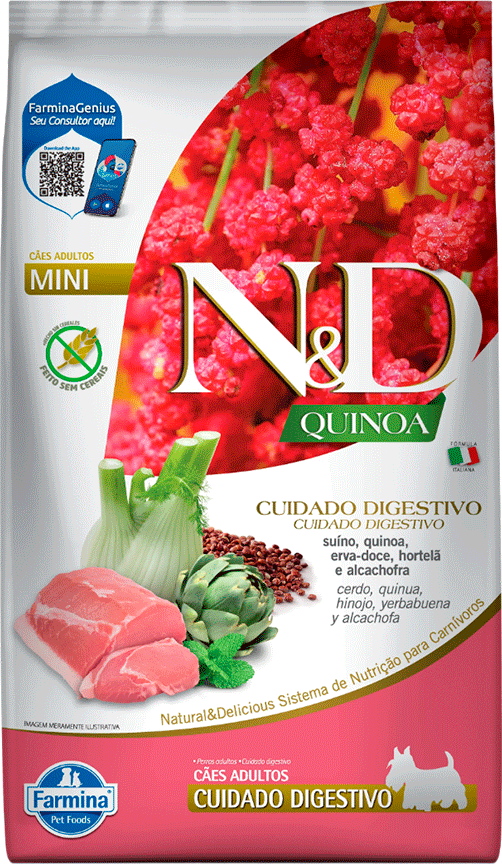 N&D Quinoa Digestion para Cães Adultos Porte Pequeno Cuidado Digestivo Sabor Suíno 2,5kg