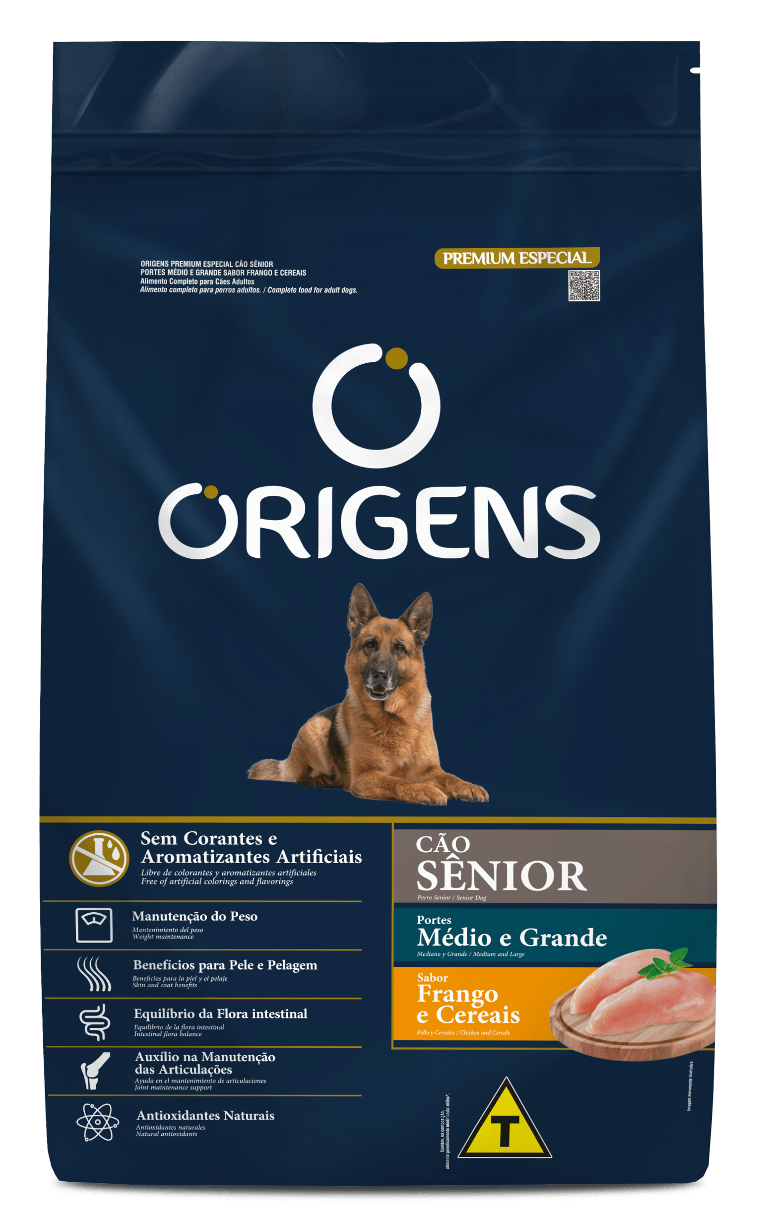Origens para Cães Sênior Portes Médio e Grande Sabor Frango e Cereais 15kg