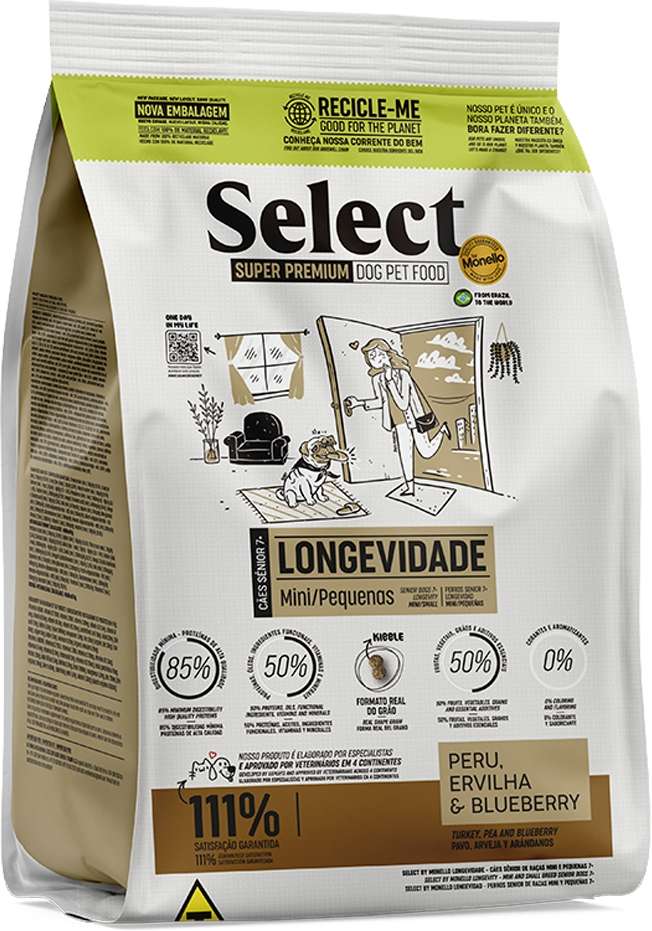 Ração Seca Select by Monello Longevidade Peru, Ervilha e Blueberry para Cães Porte Mini e Pequeno
