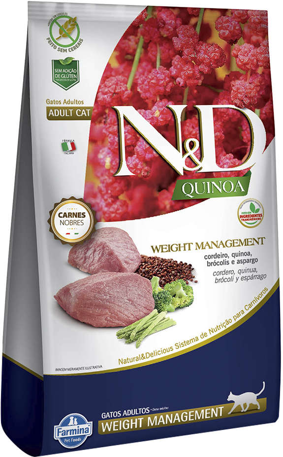 N&D Quinoa Weight Management para Gatos Adultos Sabor Cordeiro, Quinoa, Brócolis e Aspargo Controle de Peso 7,5kg