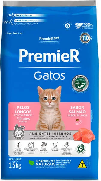 PremieR Ambientes Internos para Gatos Pelos Longos Filhotes Sabor Salmão 1,5kg
