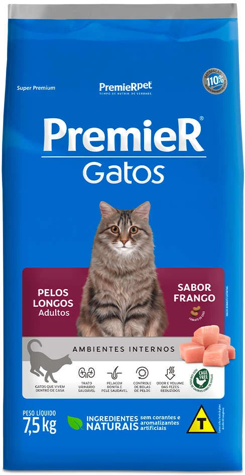 PremieR Ambientes Internos para Gatos Pelos Longos Adultos Sabor Frango 7,5kg