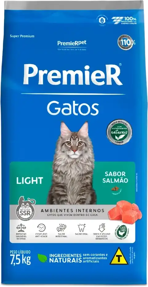 PremieR Ambientes Internos Light para Gatos Adultos Sabor Salmão 7,5