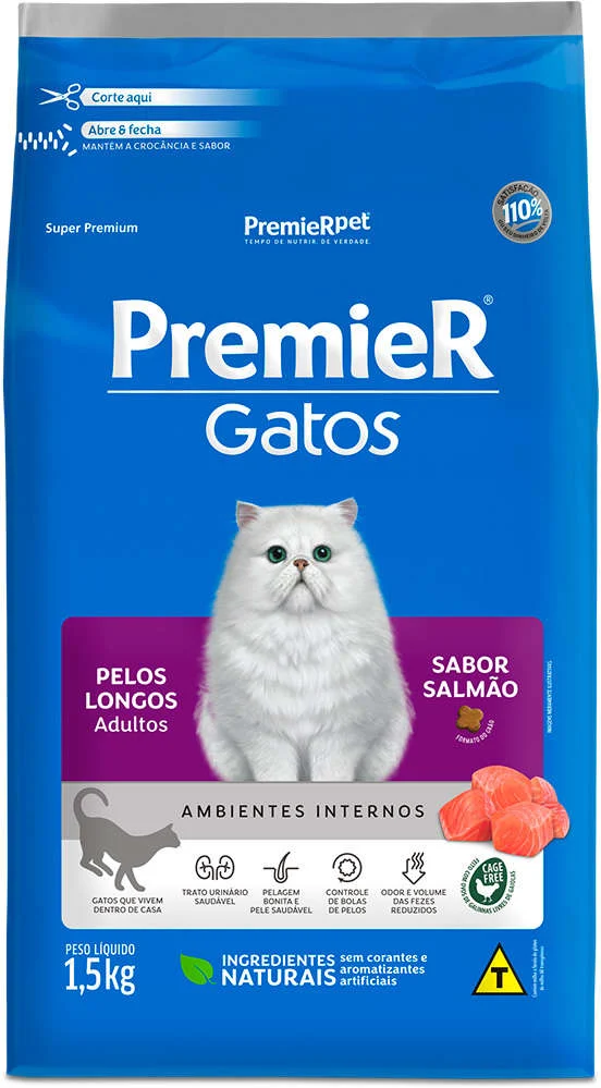 PremieR Ambientes Internos para Gatos Pelos Longos Adultos Sabor Salmão 1,5kg