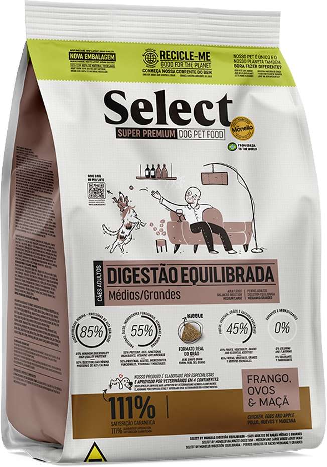 Ração Seca Select by Monello Digestão Equilibrada Frango, Ovos e Maçã para Cães Porte Médio e Grande