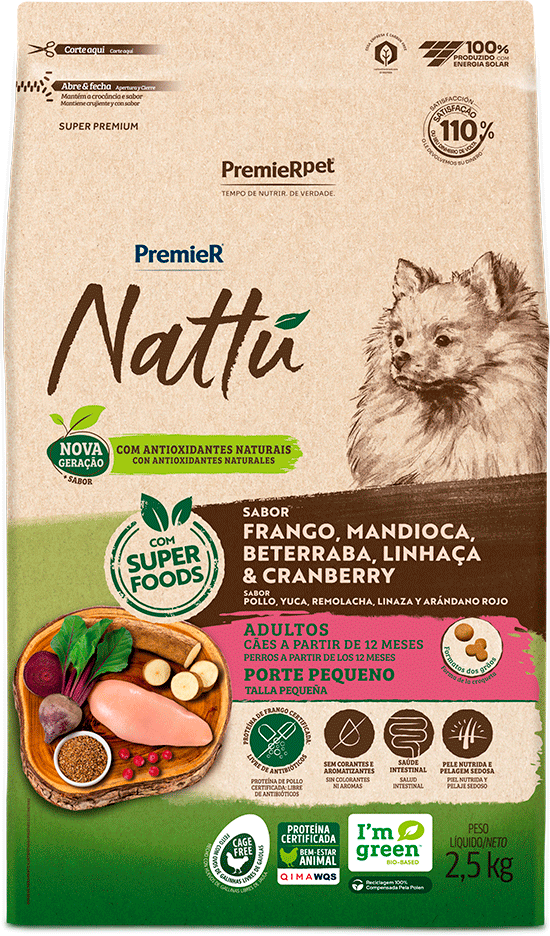 PremieR Nattu para Cães Adultos Porte Pequeno Sabor Frango, Mandioca, Beterraba, Linhaça e Cranberry 2,5kg
