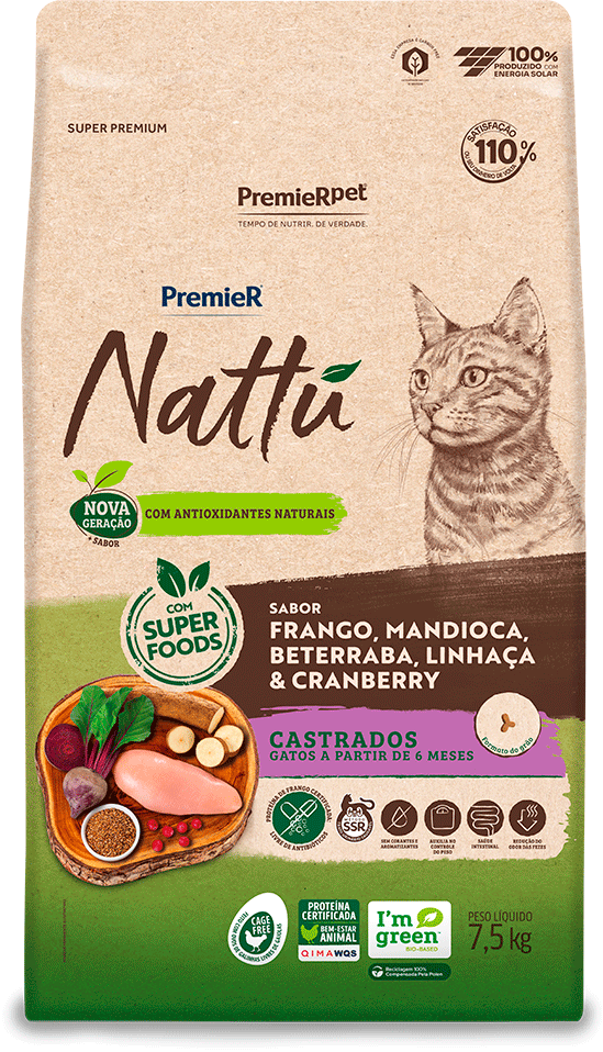 PremieR Nattu para Gatos Castrados Sabor Frango, Mandioca, Beterraba, Linhaça e Cranberry 7,5kg