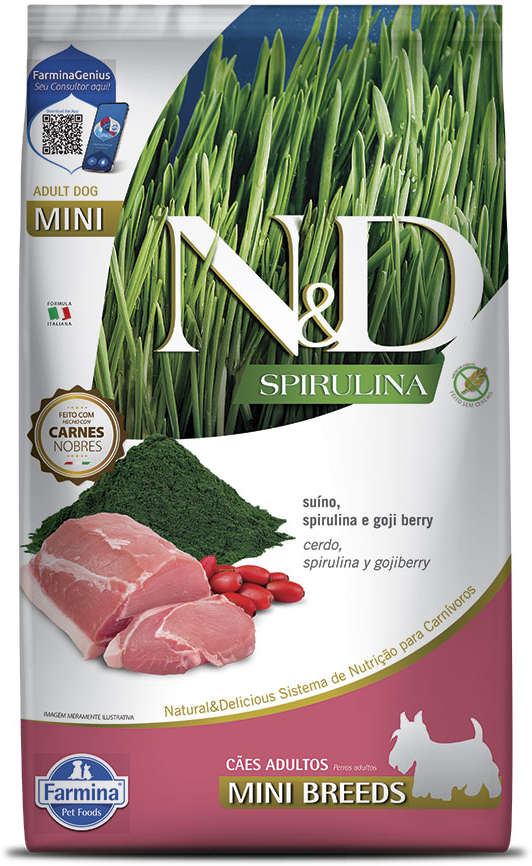 N&D Spirulina para Cães Adultos Porte Pequeno Sabor Suíno, Spirulina e Goji Berry Adult Mini 7kg