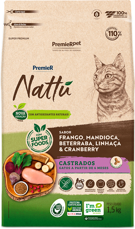 PremieR Nattu para Gatos Castrados Sabor Frango, Mandioca, Beterraba, Linhaça e Cranberry 1,5kg