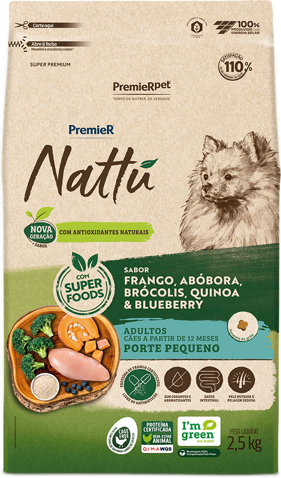 PremieR Nattu para Cães Adultos Porte Pequeno Sabor Frango, Abóbora, Brócolis, Quinoa e Blueberry 2,5kg
