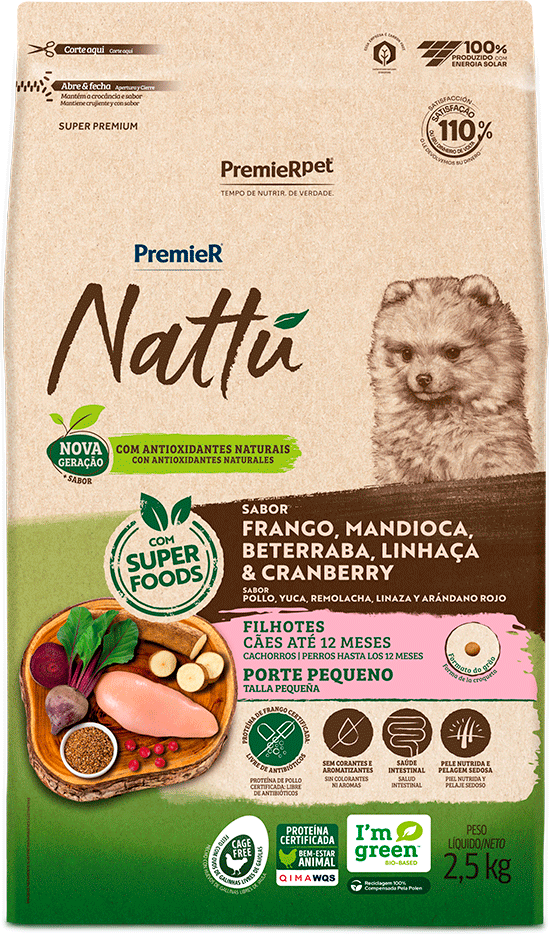 PremieR Nattu para Cães para Filhotes Porte Pequeno Sabor Frango, Mandioca, Beterraba, Linhaça e Cranberry 2,5kg