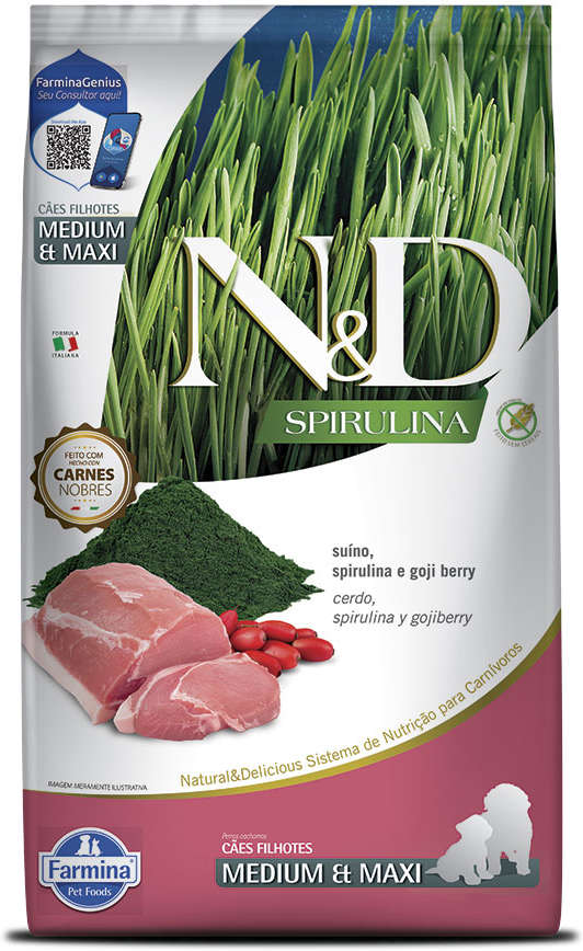 N&D Spirulina para Cães Filhotes Porte Medio e Grande Sabor Suíno, Spirulina e Goji Berry Puppy Medium & Maxi 10,1kg