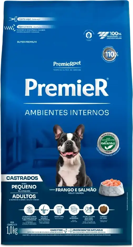 PremieR Ambientes Internos para Cães Adultos Castrados Porte Pequeno Sabor Frango e Salmão 1kg