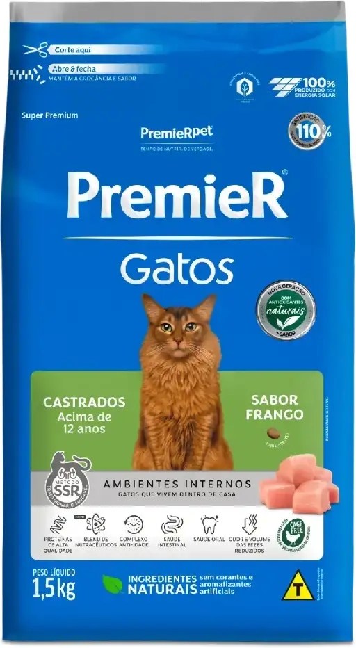 PremieR Ambientes Internos para Gatos Castrados acima de 12 anos Sabor Frango 1,5kg
