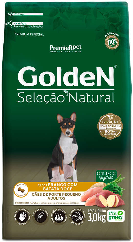 GoldeN Seleção Natural para Cães Adultos Porte Pequeno Sabor Frango e Batata-doce 3kg